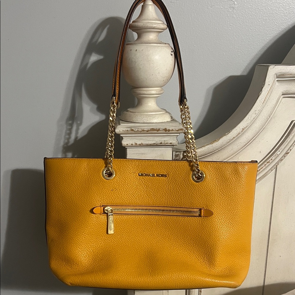 Michael Kors Mustard Leather Tote with Gold Chain Straps